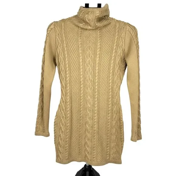 Khaki Turtleneck Bodycon Slim Fitted Cable Knit Long Sweater Size Small Neutral - Picture 3 of 9